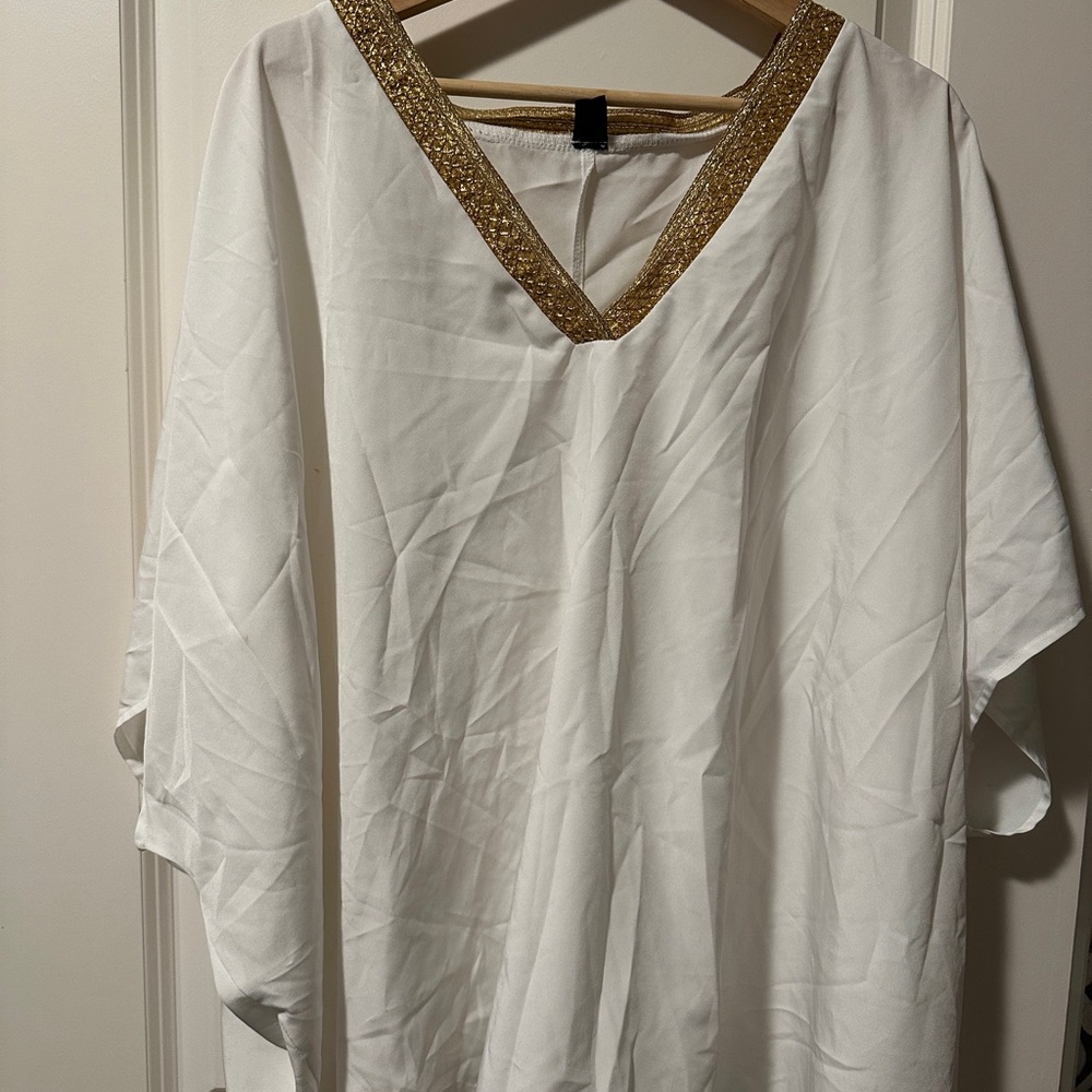 SHEIN White V-Neck Tunic with Gold Trim Detailing
